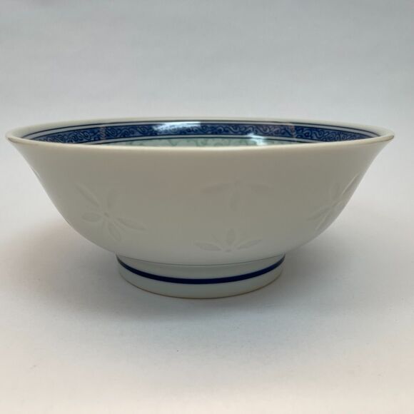 Asian Serving Bowl White Blue Green Floral Flowers Leaves 8 3/8" x 3 3/8" high - Picture 2 of 10